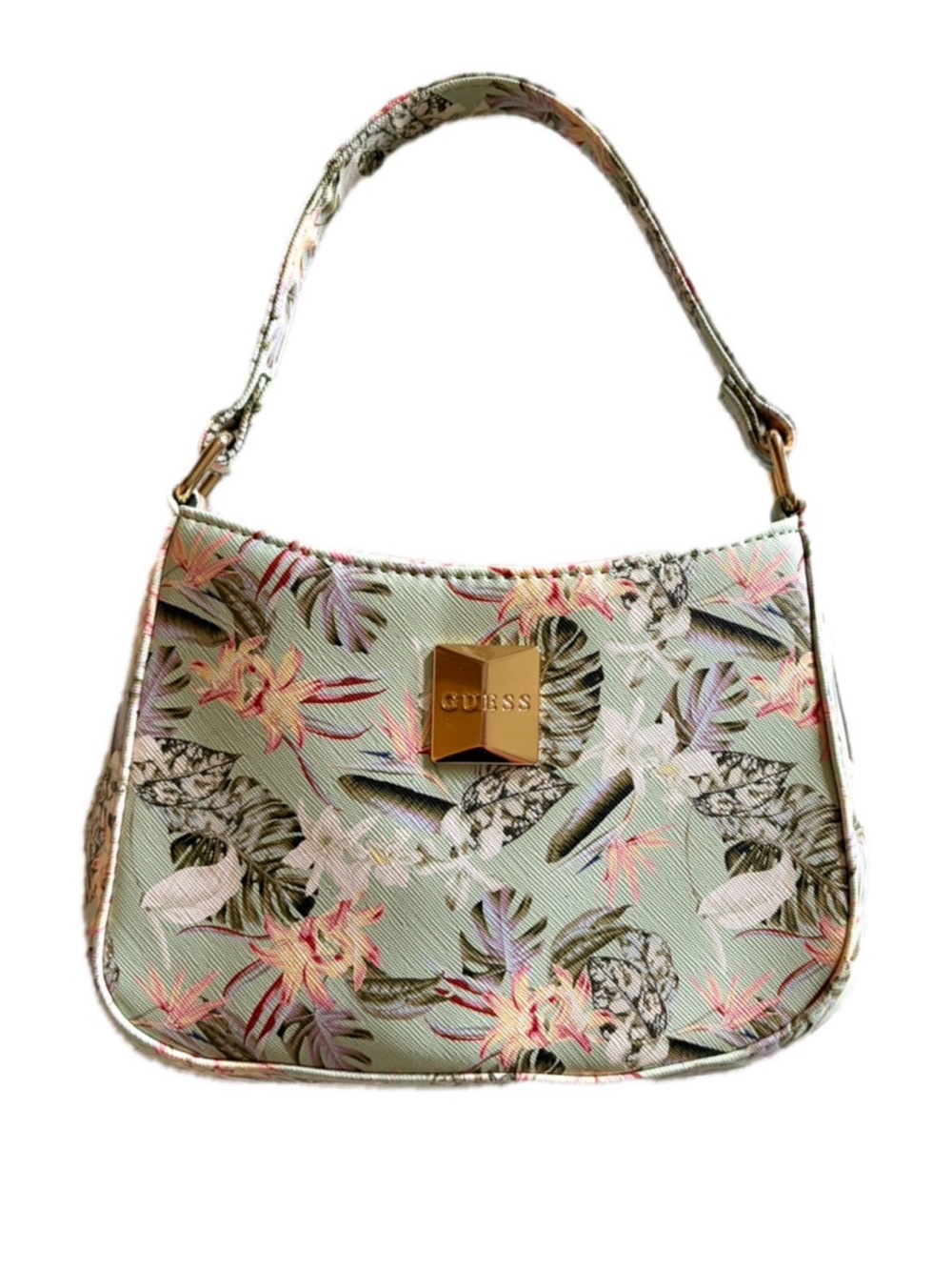 GUESS Mint Floral Shoulder Bag with Gold Logo Plate